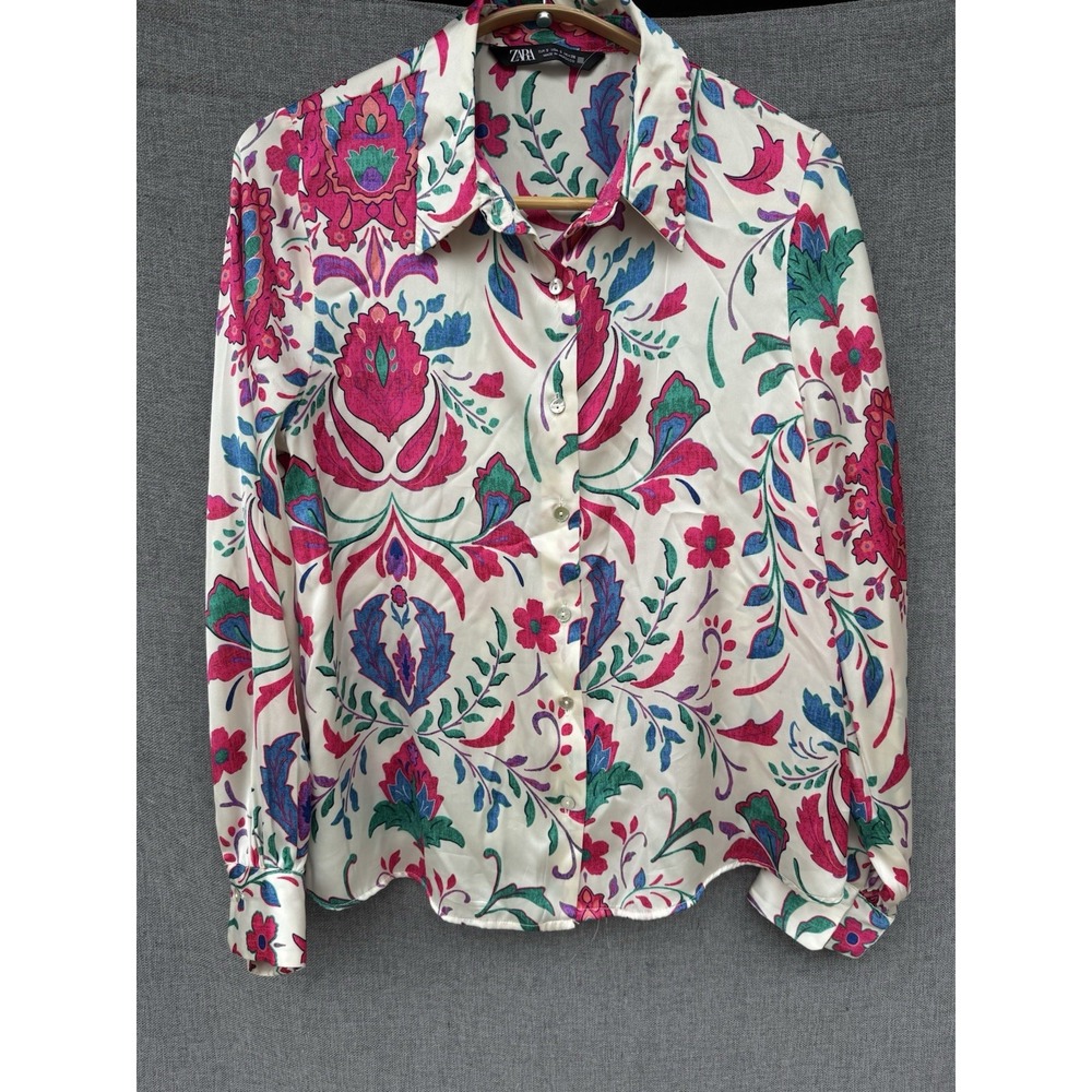 Zara Floral Satin Button Down Long Sleeve Blouse Small Preppy Boho Pink - Picture 3 of 7